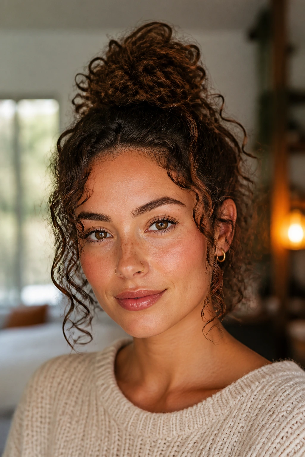 Front portrait of top knot with curly tail on real woman