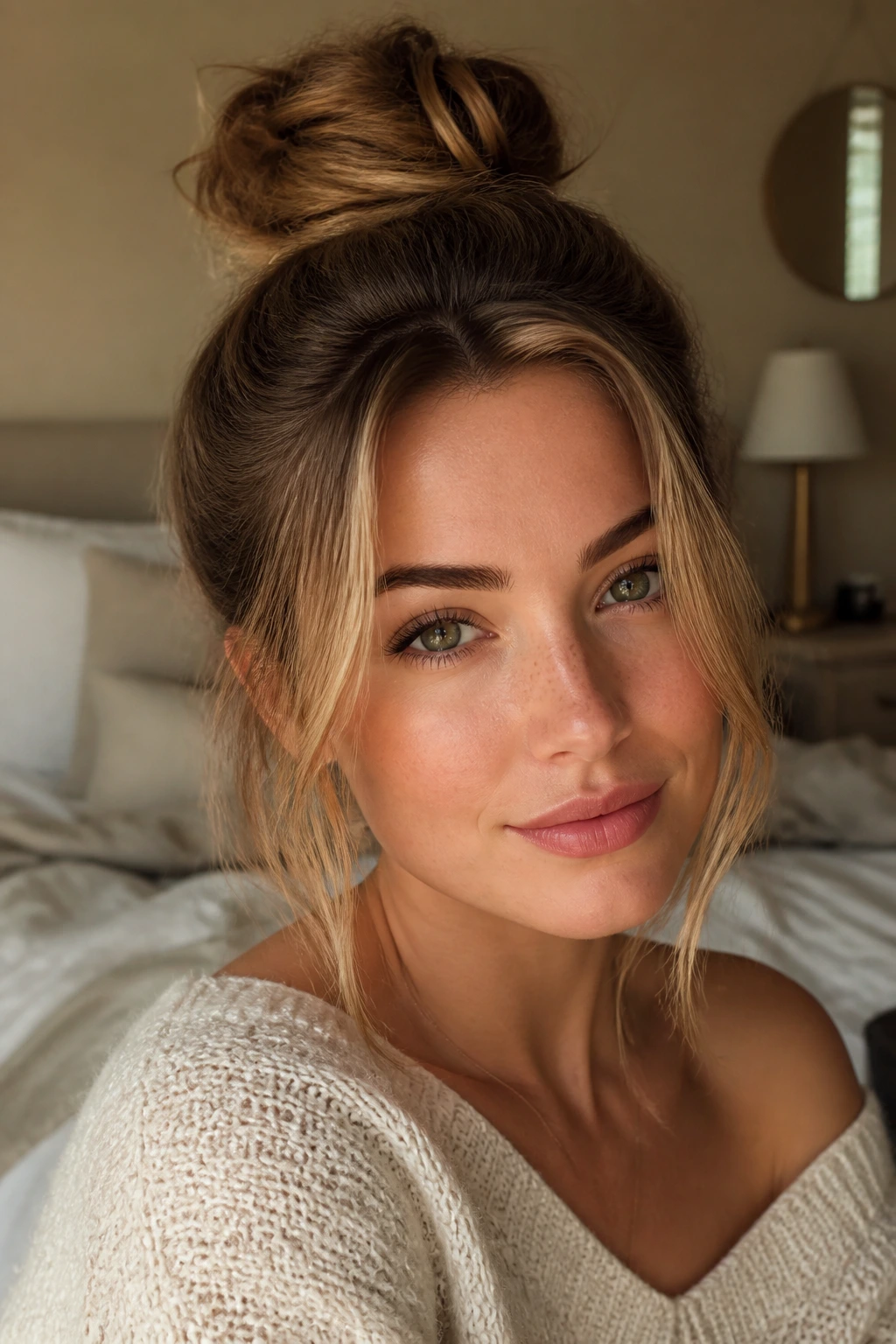 Close-up portrait of a woman with a tousled top knot and curtain pieces framing her face