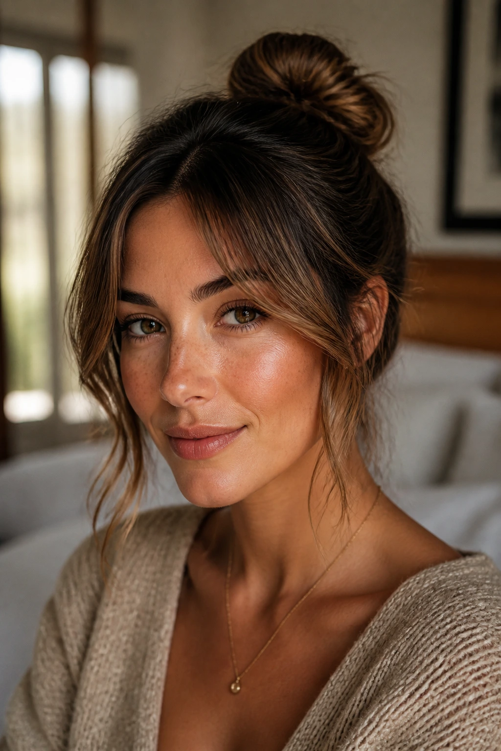 Close-up of a real woman with a low loose top knot and curtain pieces framing the forehead.