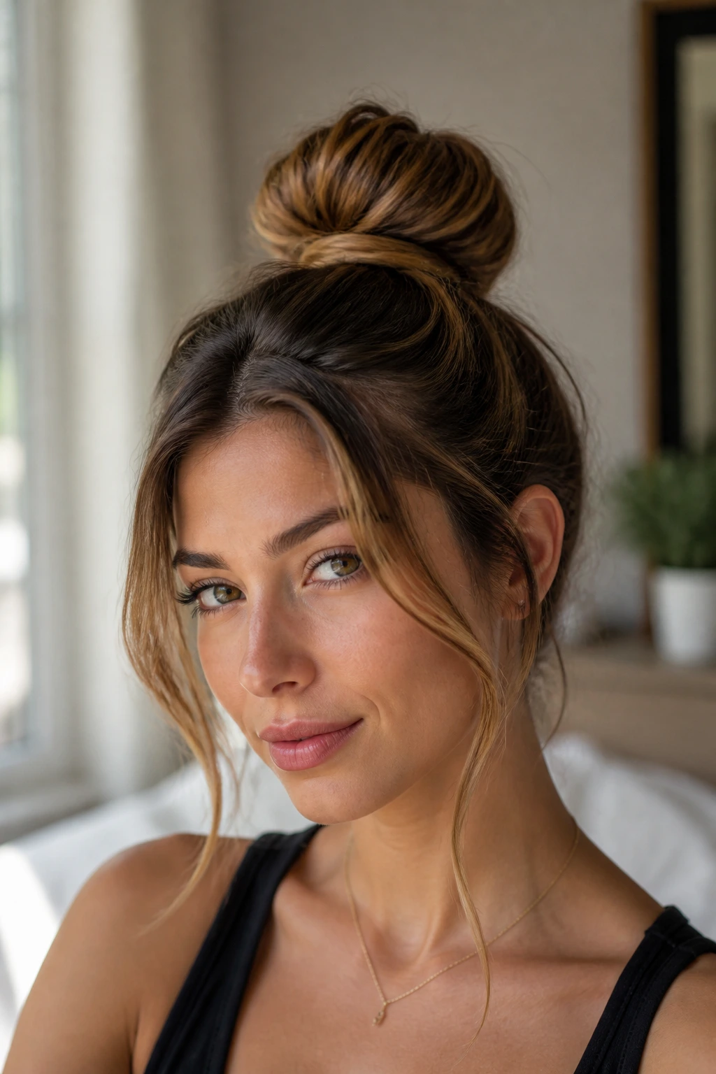 Real woman with high top knot and face-framing strands framing her cheeks
