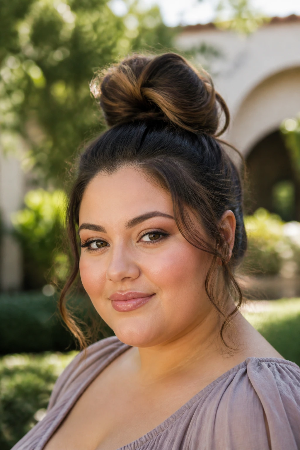 Portrait of a woman with a voluminous top knot and face tendrils.