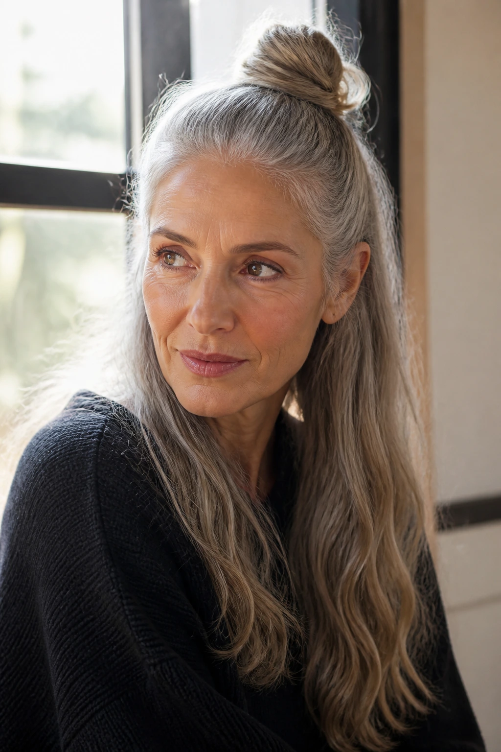 Close-up of a real person with a top knot and a long tail of gray hair left out