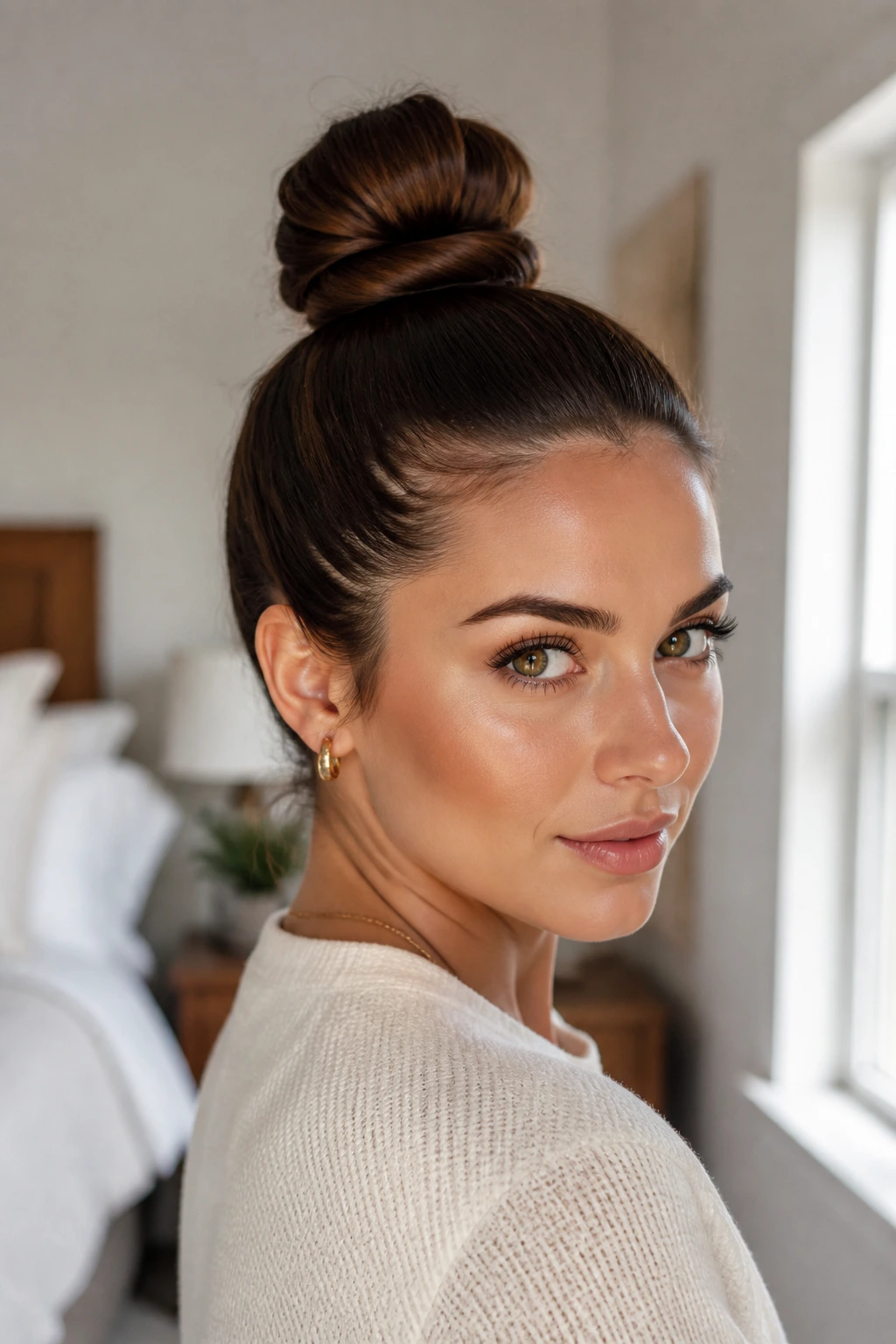 Close-up portrait of a real woman with a polished top knot