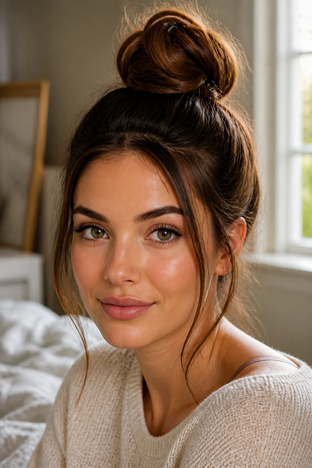 Close-up of a real woman with a high top knot in warm bedroom light