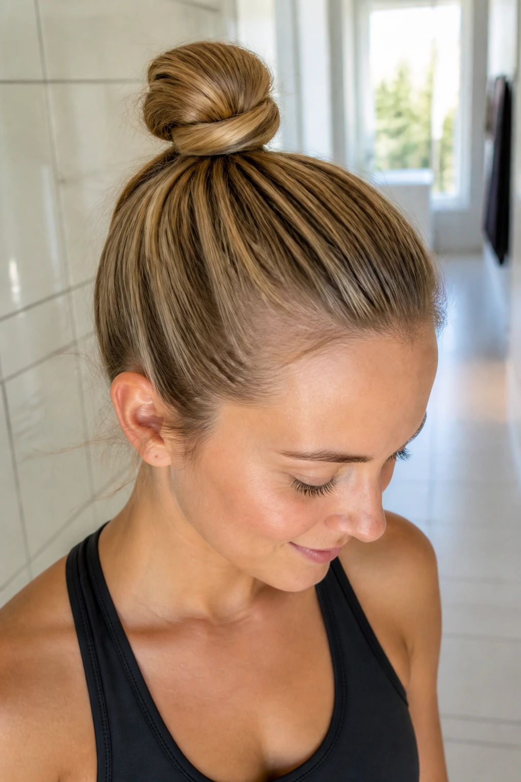 Close-up of a real woman with a tail-through top knot hairstyle