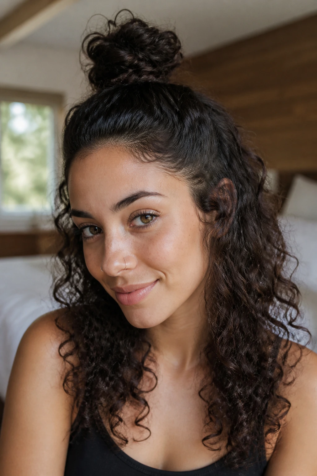 Close-up of real woman with top knot half-up hairstyle