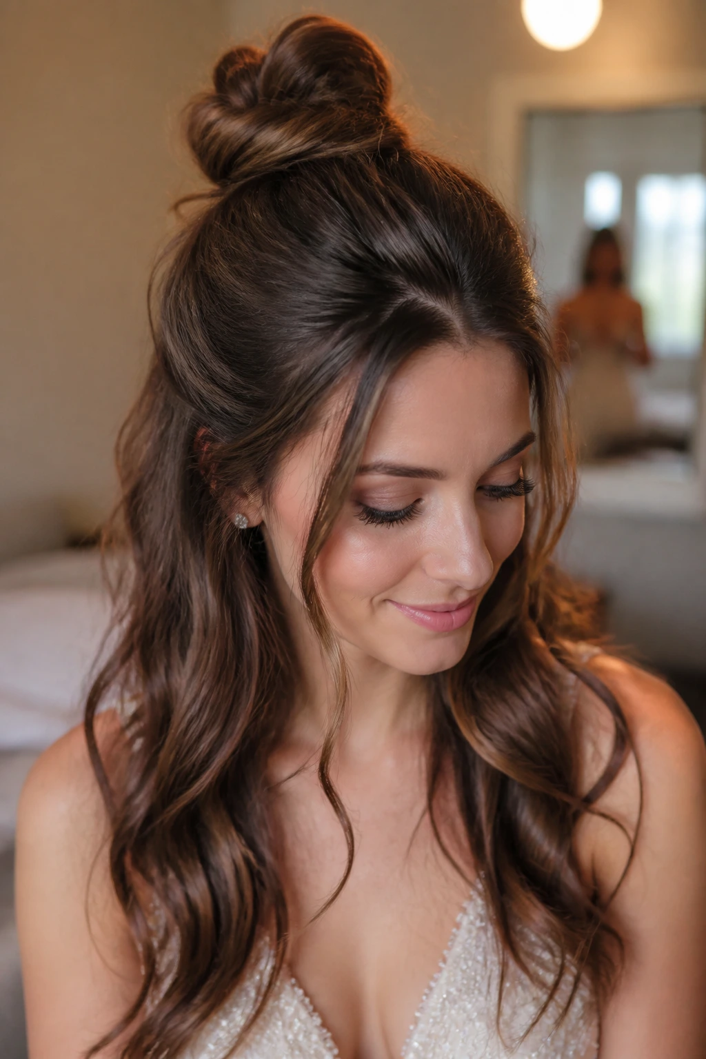 Close-up of woman with voluminous top knot half-up hairstyle
