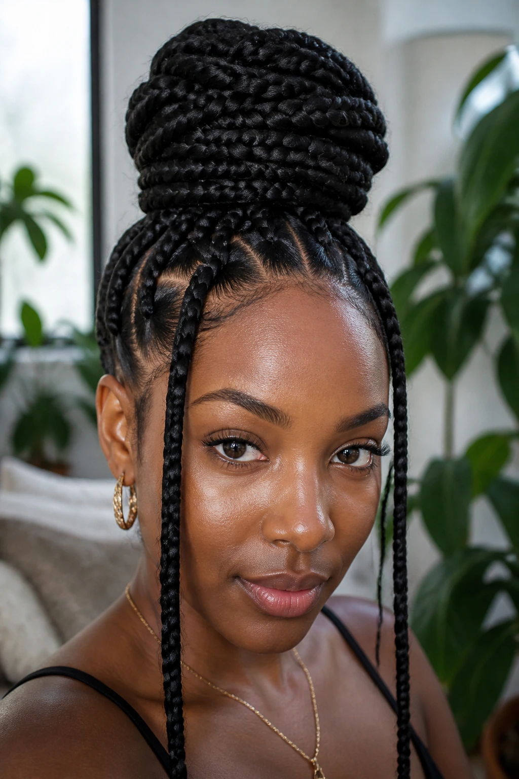 Portrait of a woman with a top-knot jumbo box braids