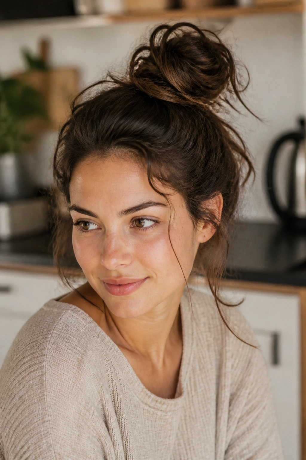 Real woman with an off-duty top knot and loose ends in a cozy home setting