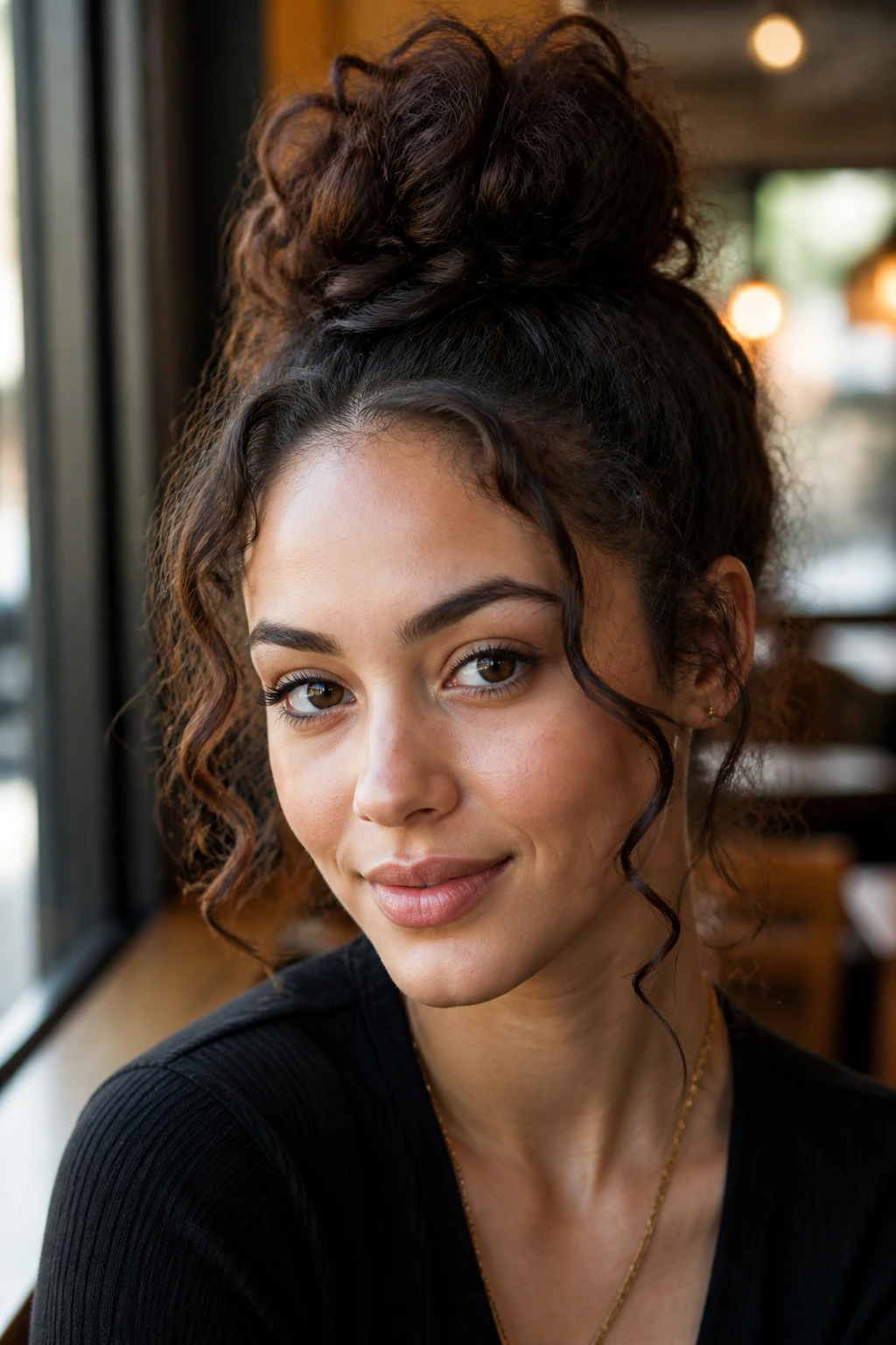 Portrait of a real woman with a high top knot and loose tendrils.