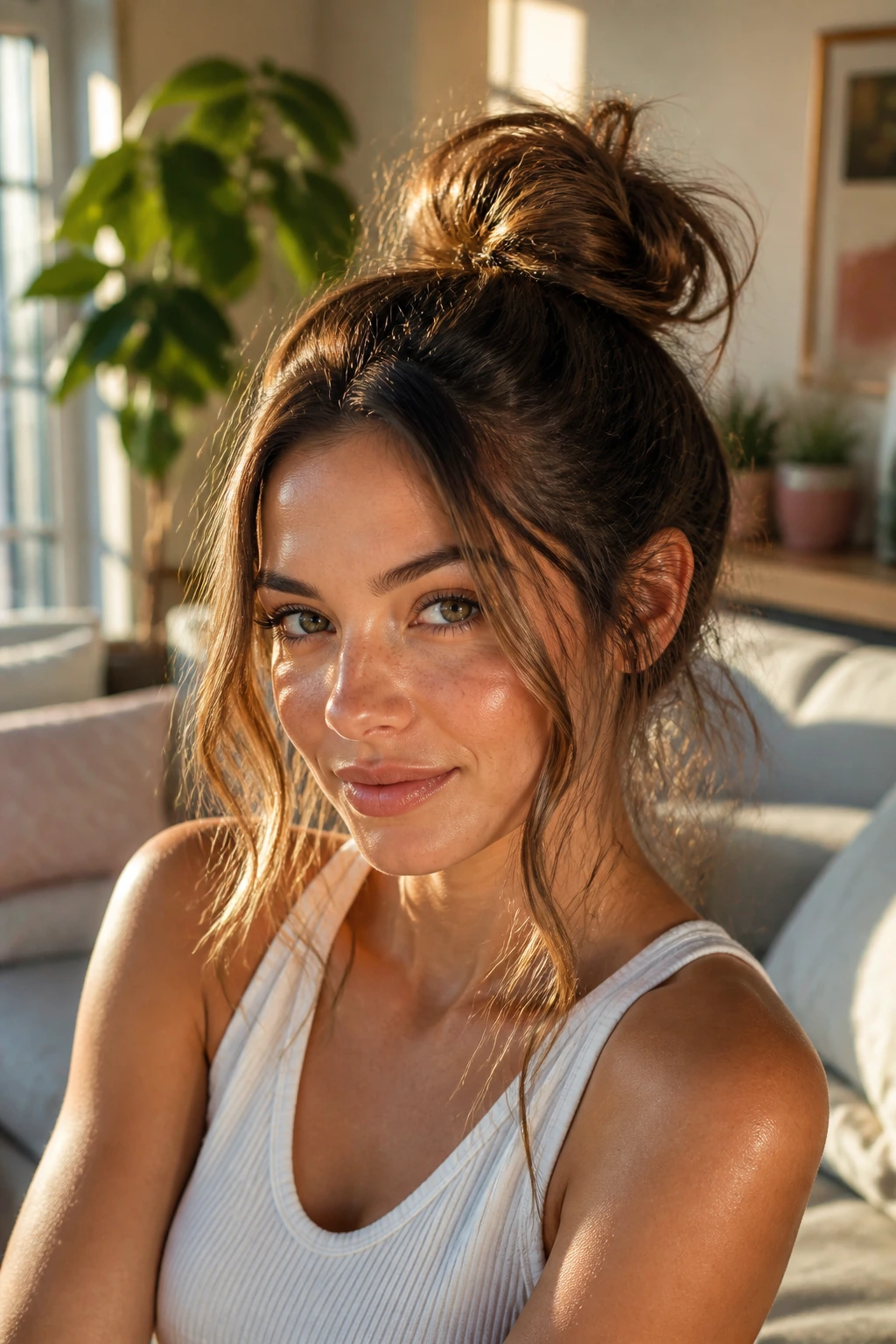 Real woman with a messy top knot and face-framing tendrils