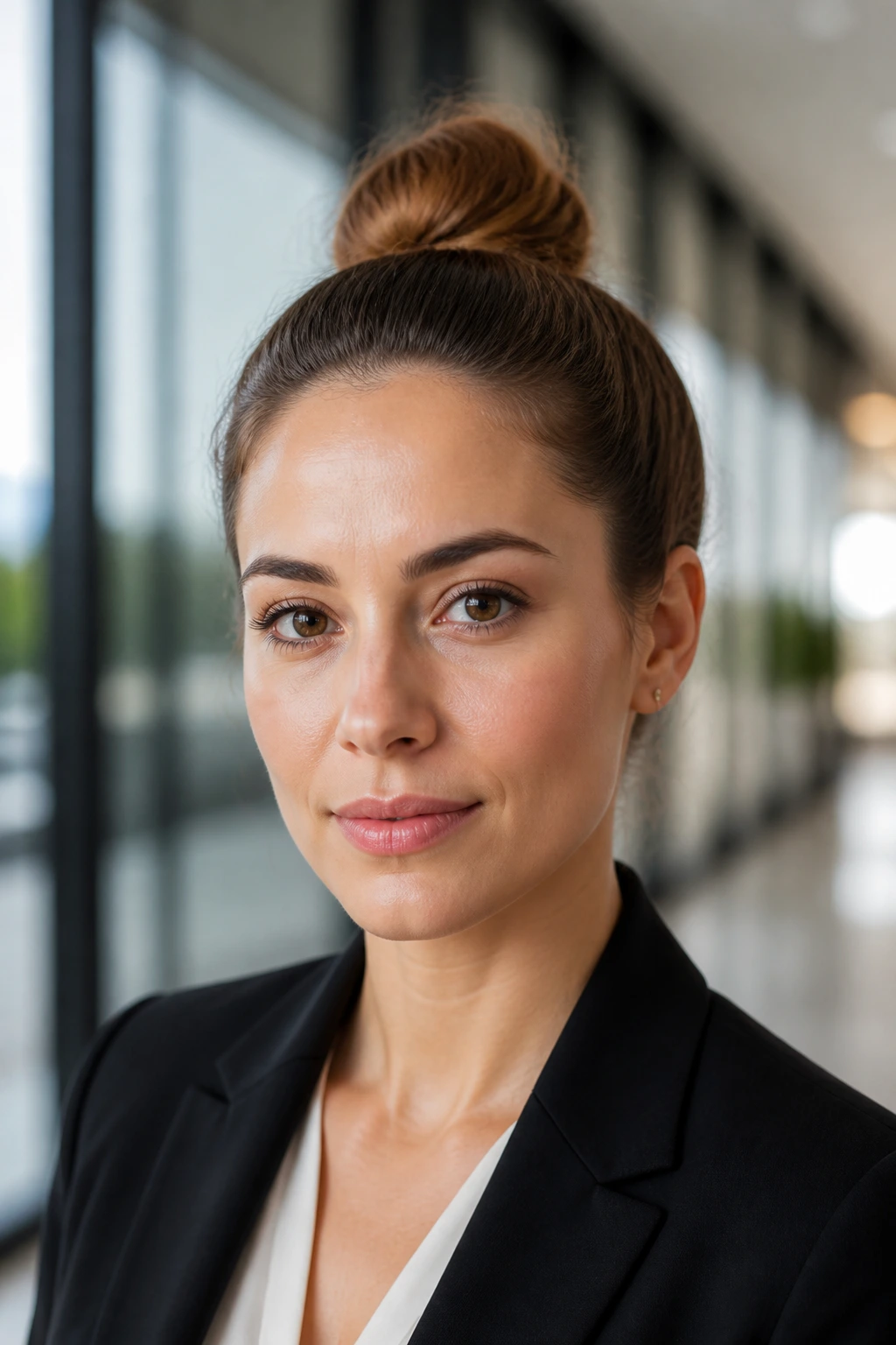 Portrait of a woman with a compact, neat office-top knot in a bright office