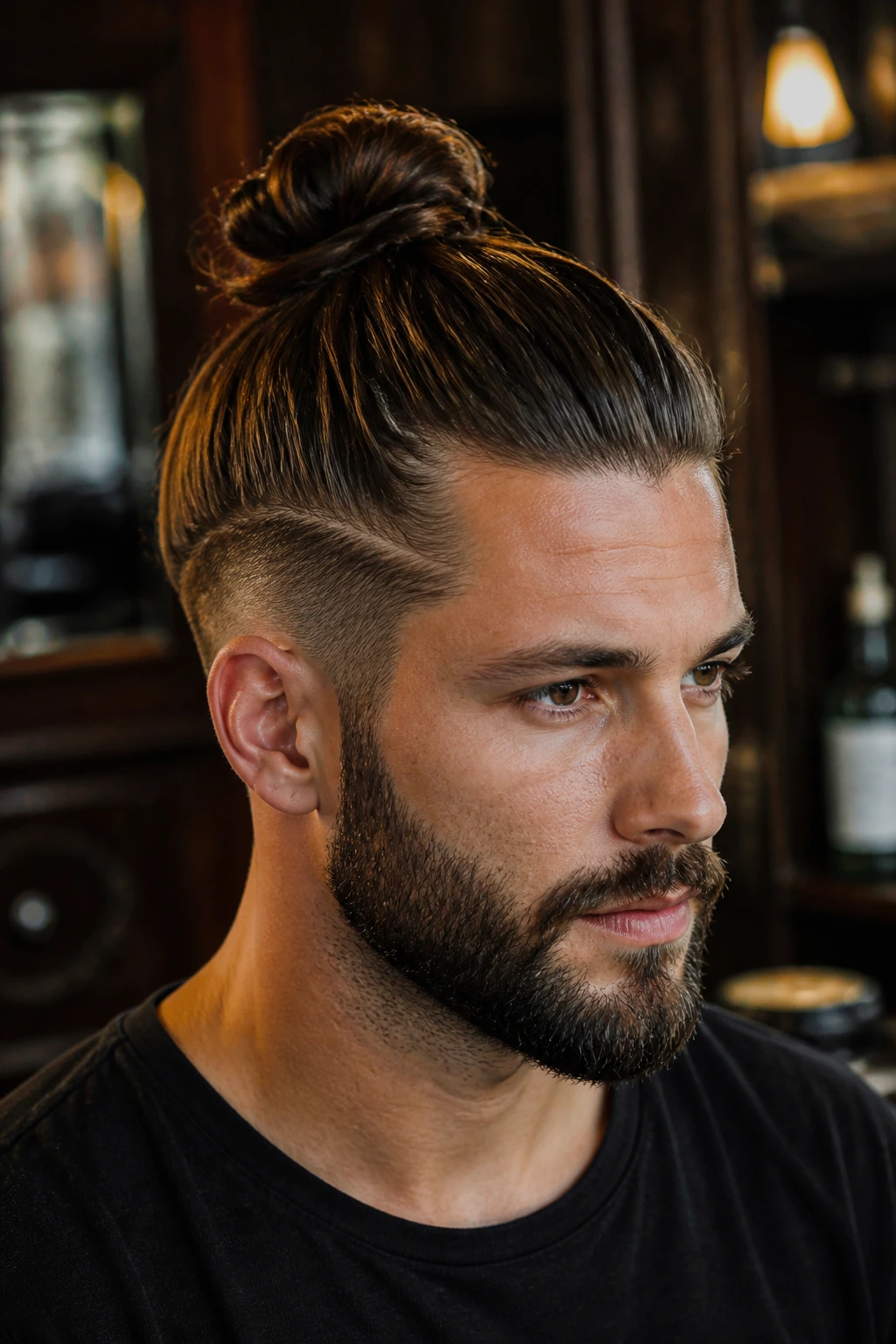 Man with mid-to-high crown top knot showing how knot placement changes facial silhouette