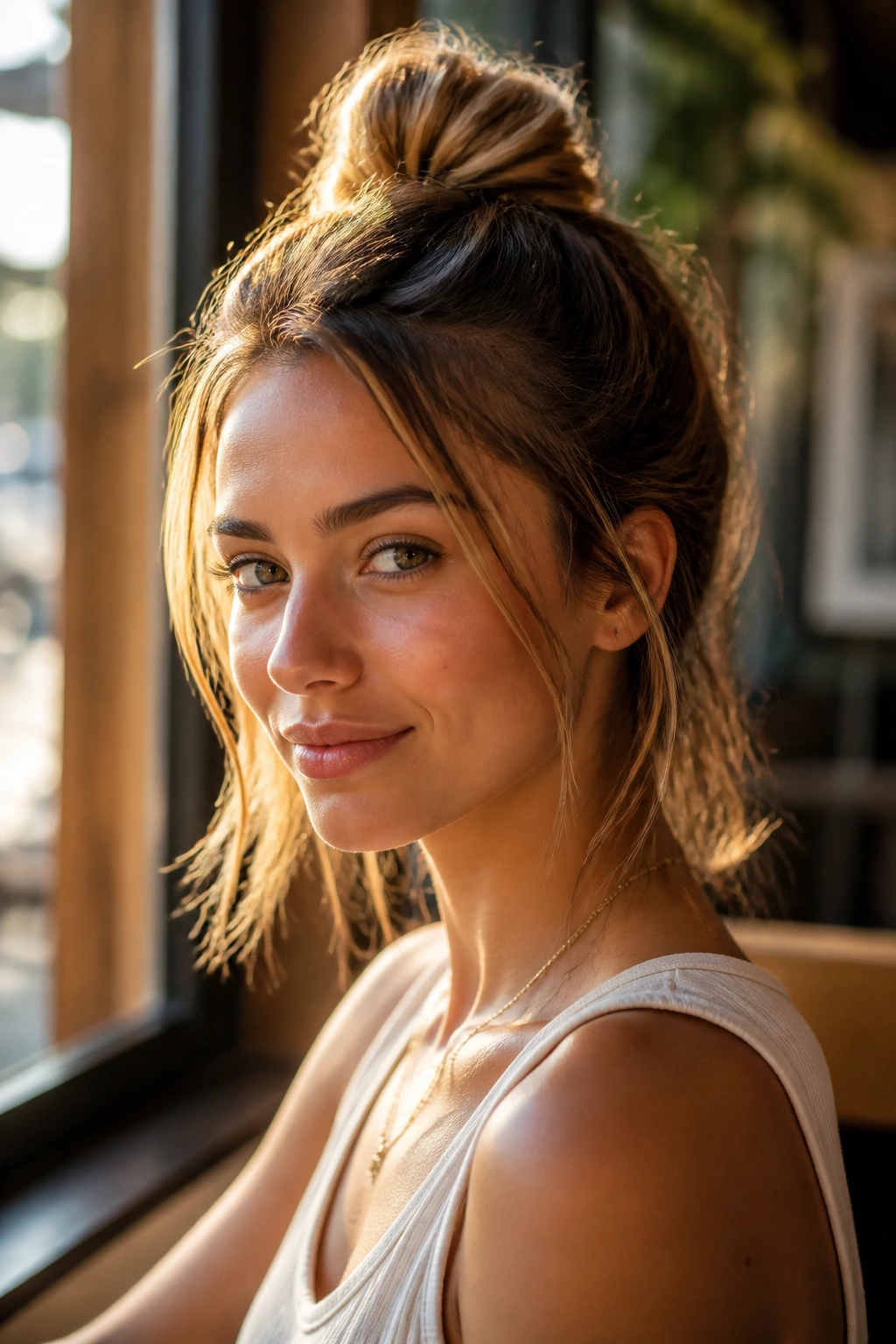 Close-up of a real woman with a top knot and released ends