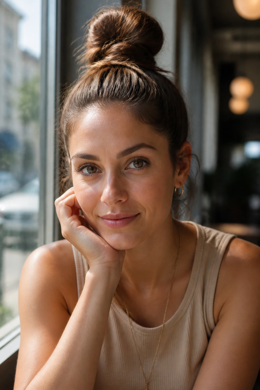 Close-up portrait of a real woman with a top knot in a bright cafe setting