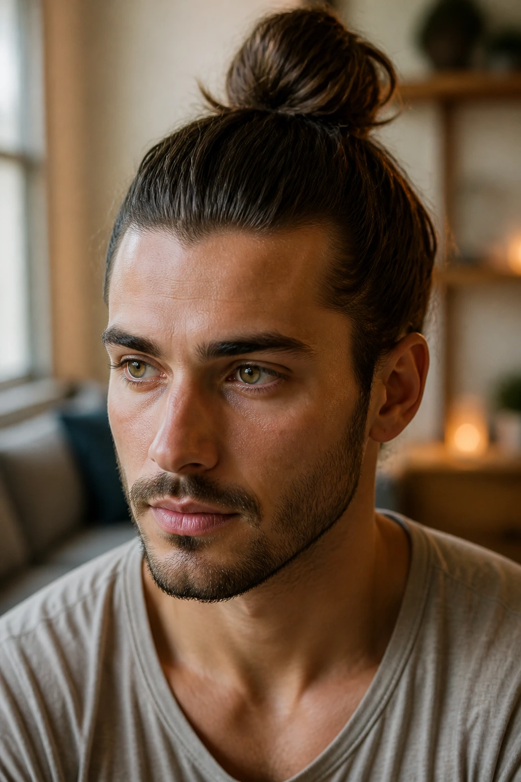 Close-up portrait of a man with a top knot hairstyle in a cozy indoor setting