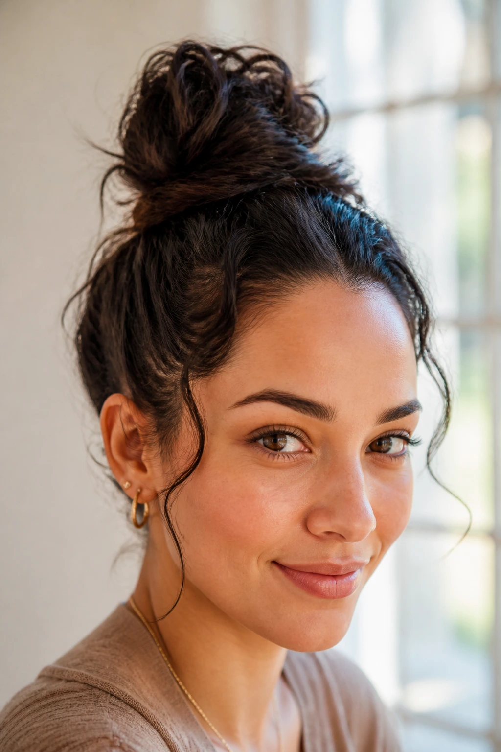 Real woman with crown-top knot hairstyle in natural light