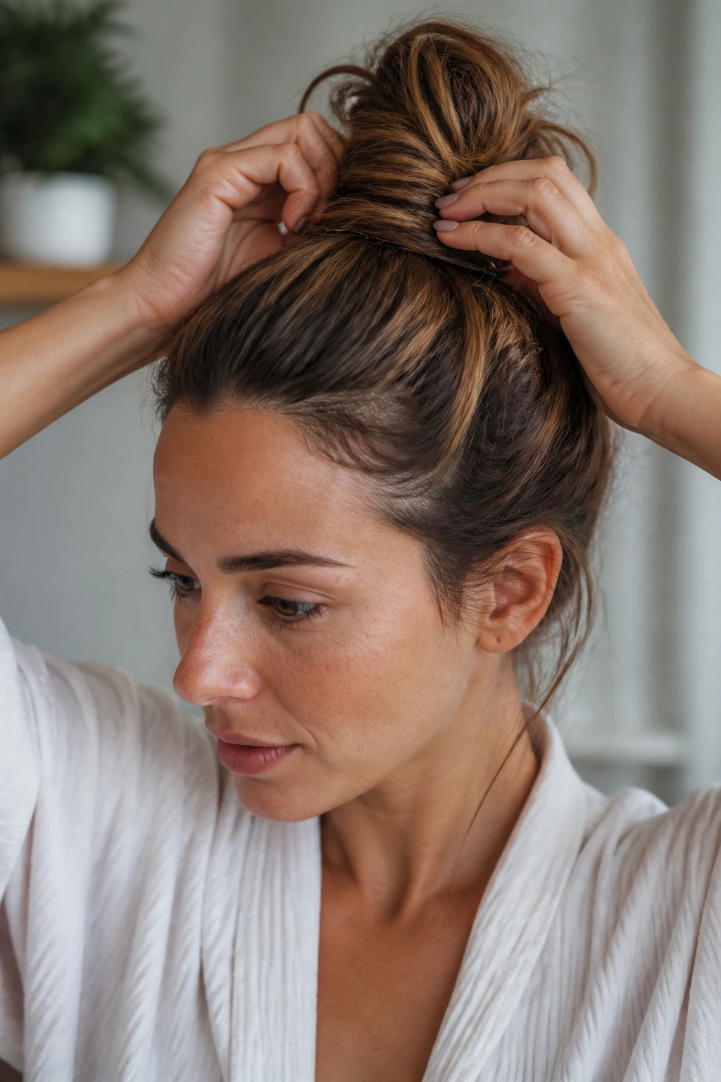 Close-up of a real woman preparing a top knot in a calm home setting