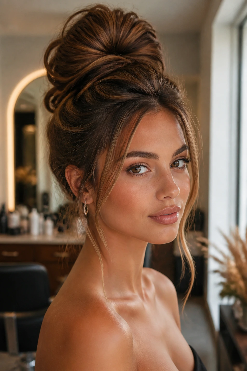 Close-up of a real woman with a voluminous top knot and loose front pieces, soft framing.