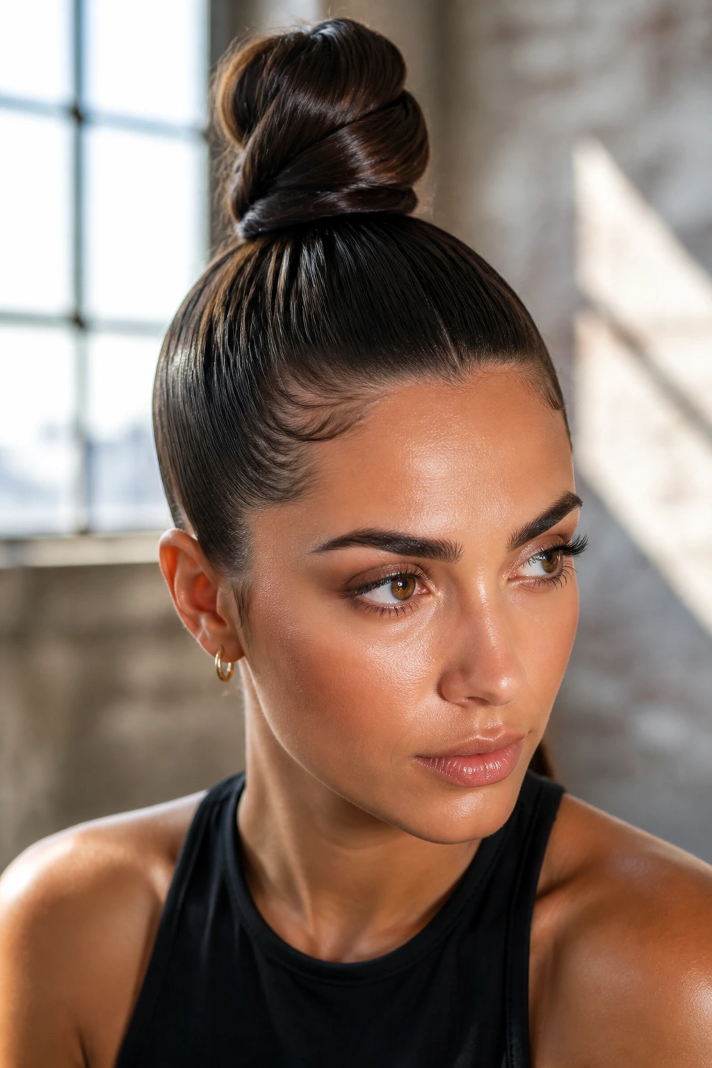 Close-up of Top Knot With Sculpted Sides on a real person with sculpted sides