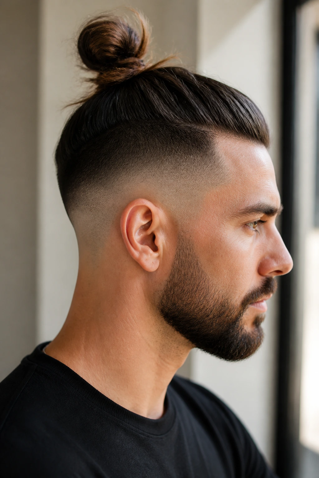 Side profile of a real person with a top knot and skin fade base.