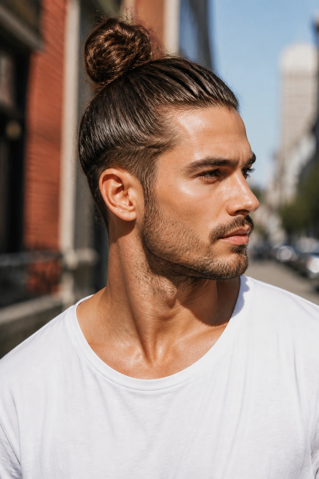 Close-up of a man with a top knot hairstyle in outdoor setting