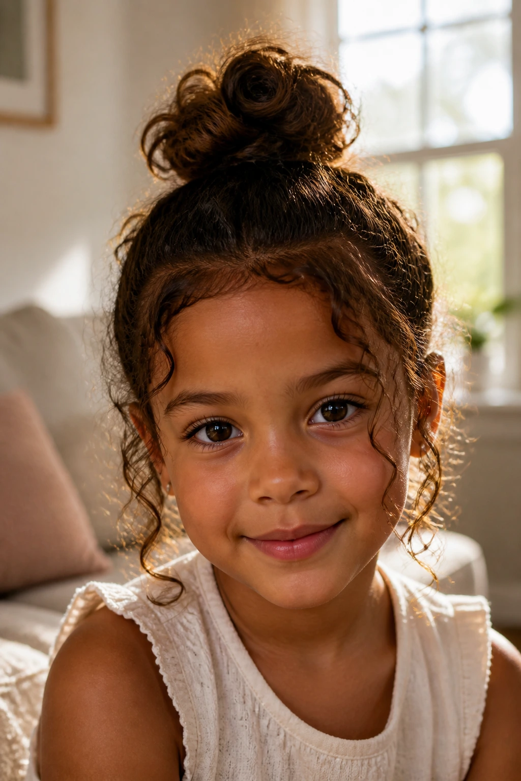 Close-up of a child with a top knot and tendrils around the face.
