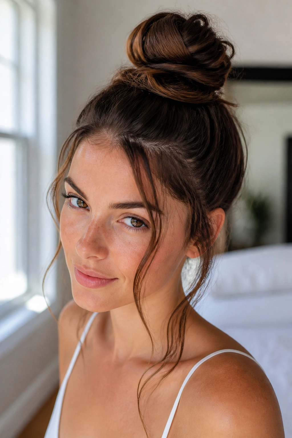 Real woman with a top knot and delicate front tendrils, in natural light.