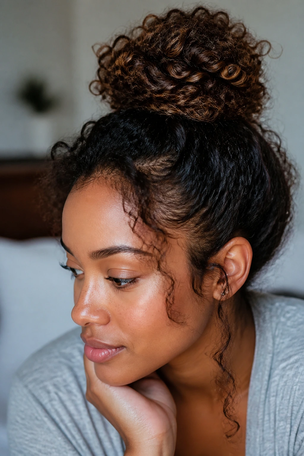 Top knot showing hair texture and curls on real person