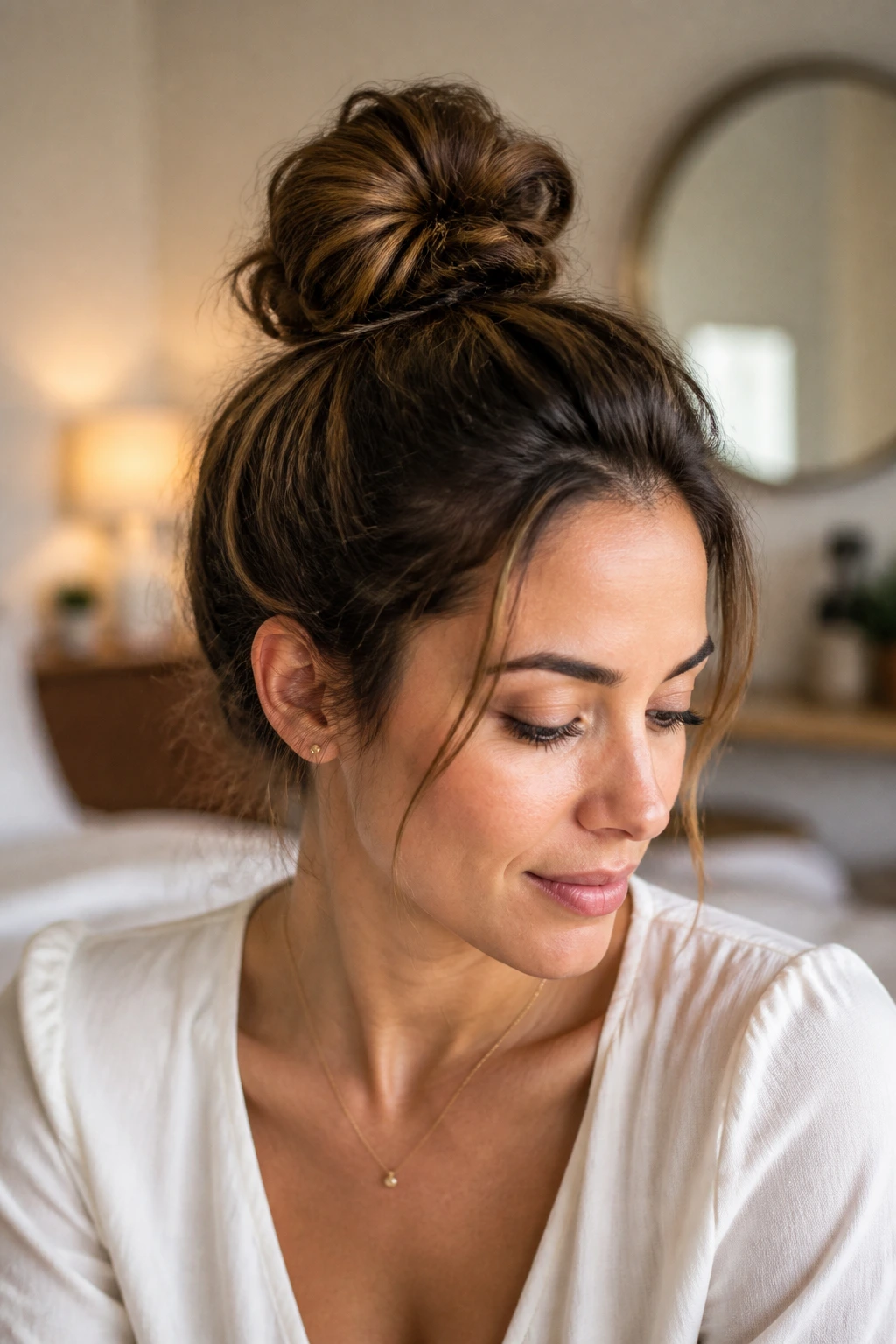 Top knot with face-framing wisps in natural light