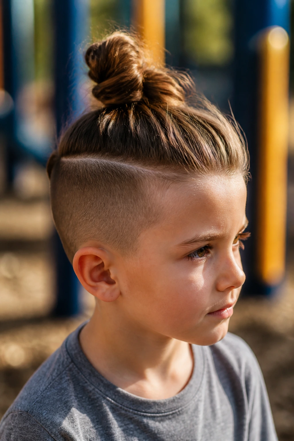 Close-up of a real boy's head showing a top knot with undercut crown.