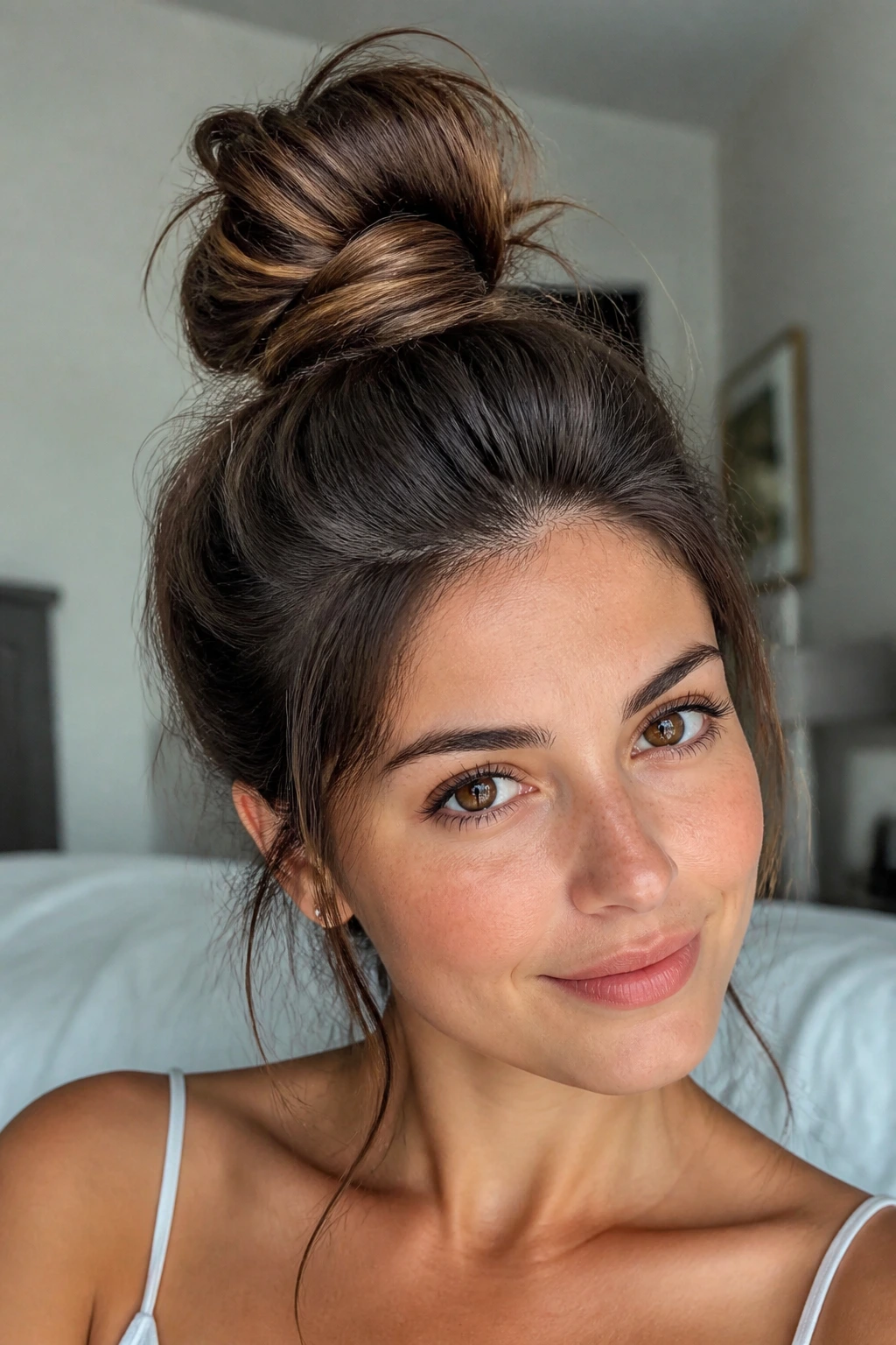 Portrait of a woman with a messy top knot and hidden pins.
