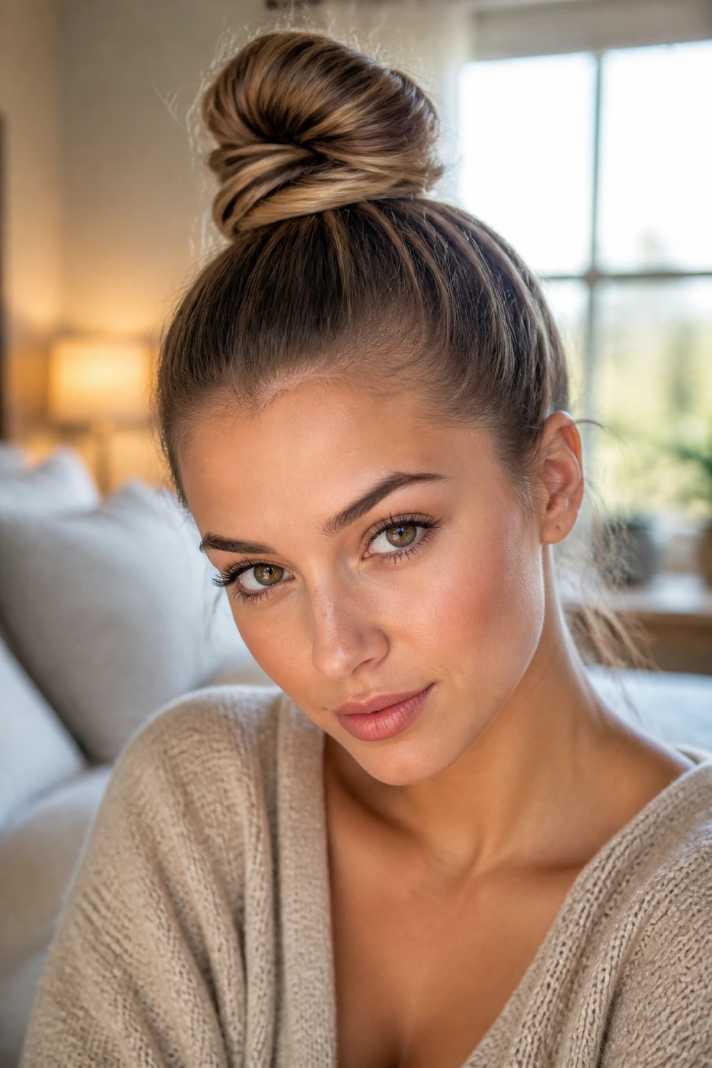 Close-up portrait of a real woman with a sleek top knot in warm bedroom light