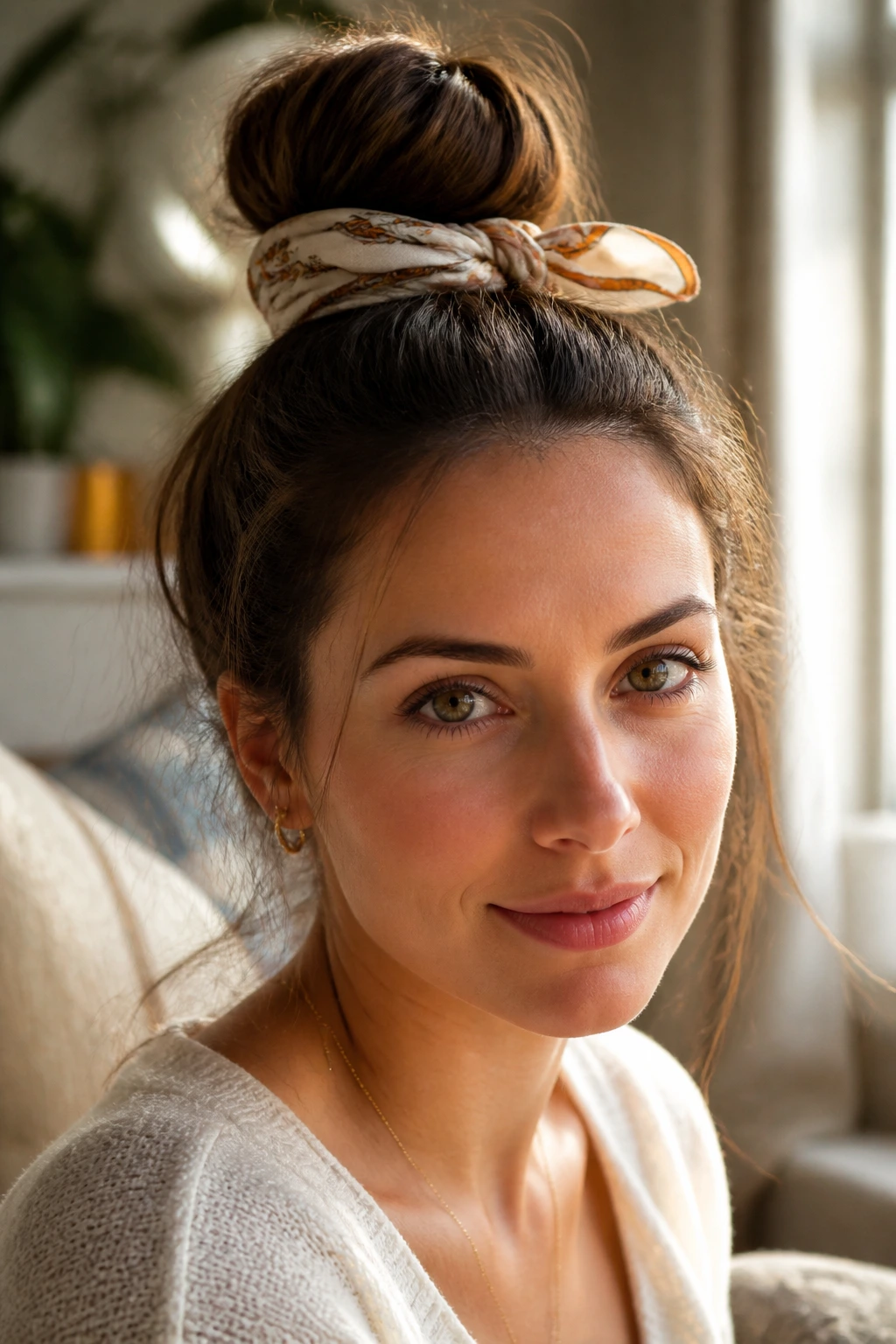 Close-up of a real woman with a top knot accented by a scarf, in warm daylight.