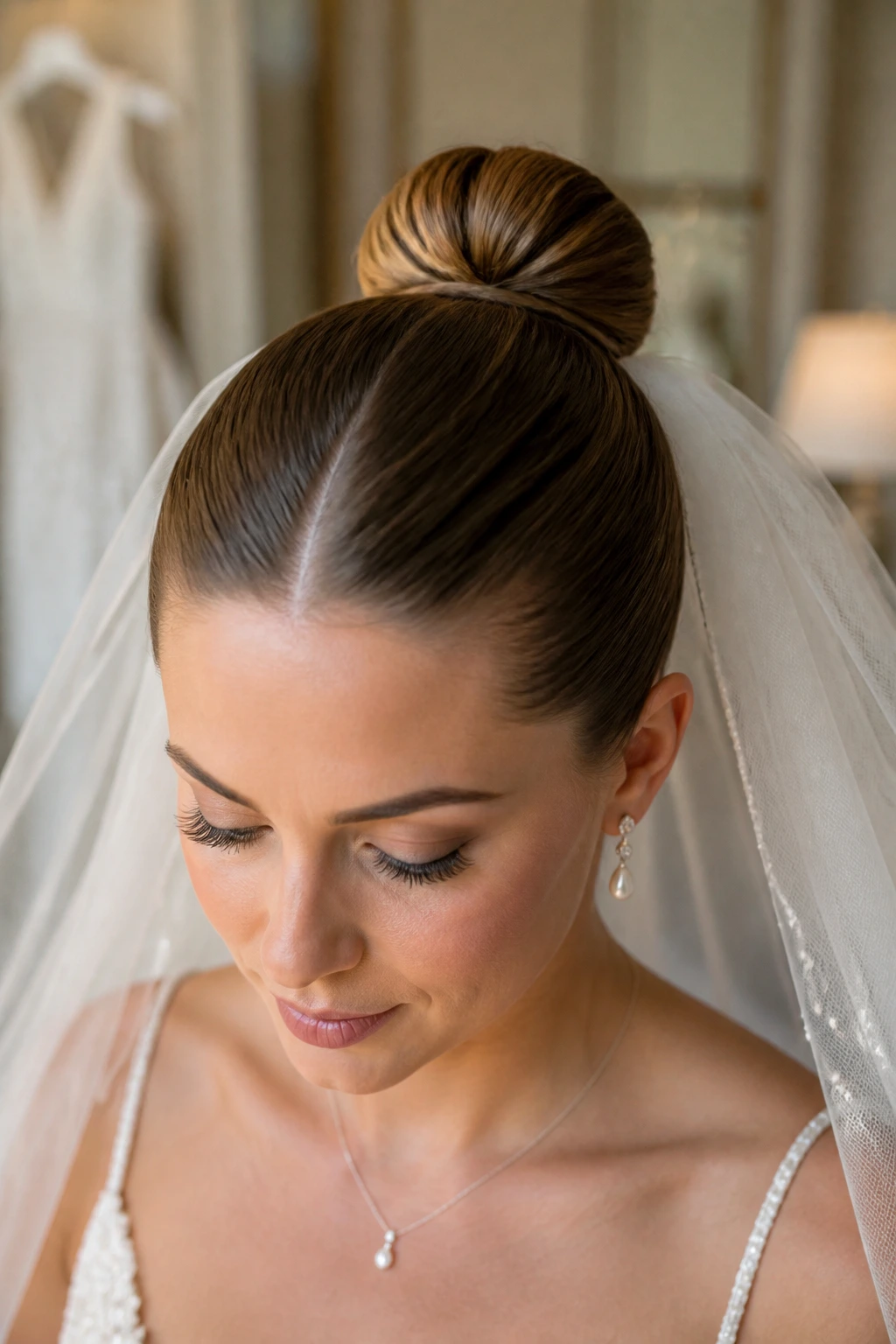 Close-up of a real bride with a veil-ready top knot and hidden comb.