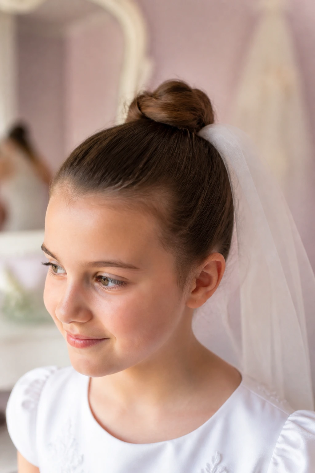 Close-up of a real girl wearing a minimalist top knot and veil.