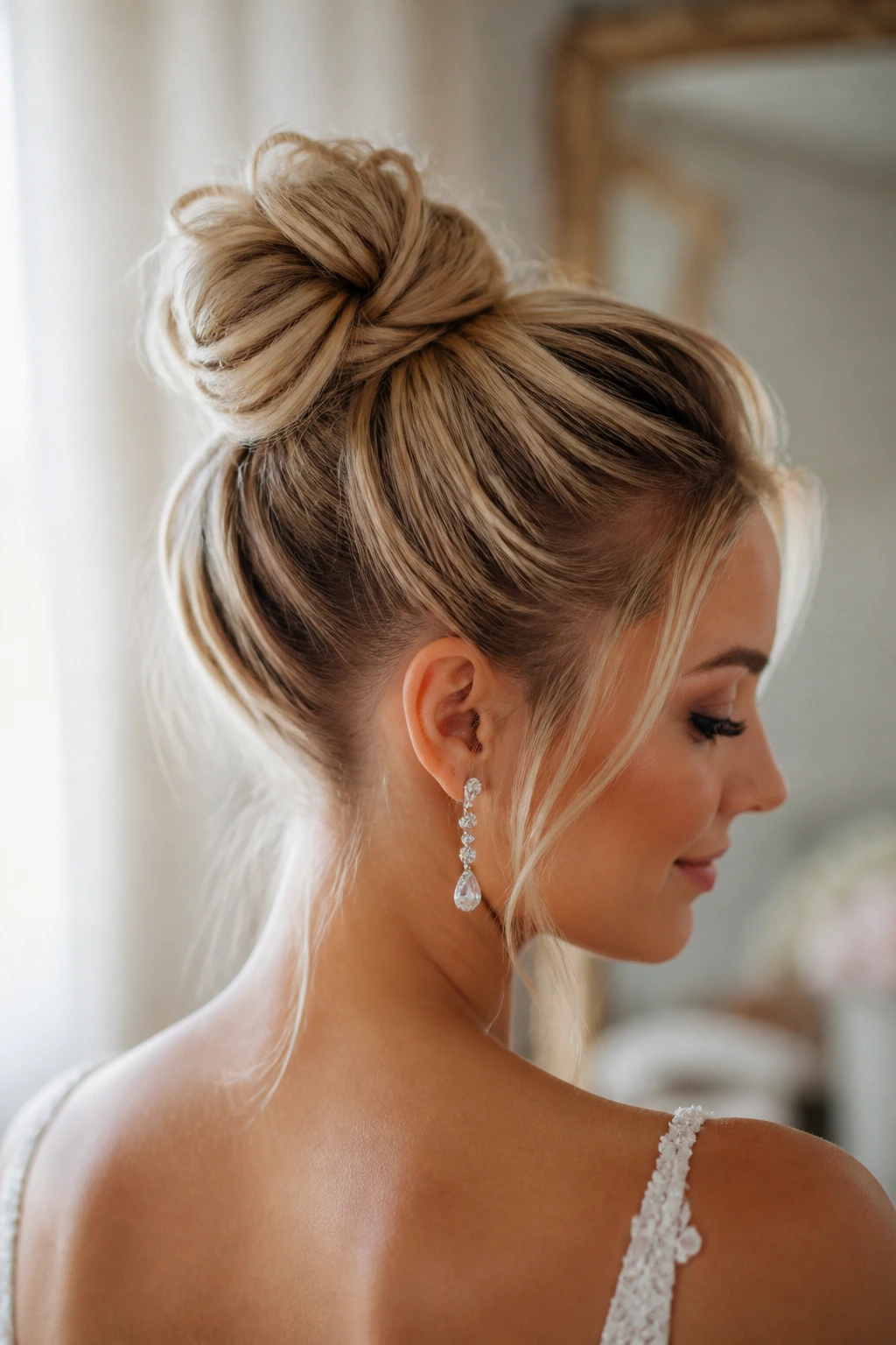 Close-up of a real bride wearing a textured top knot with veil space