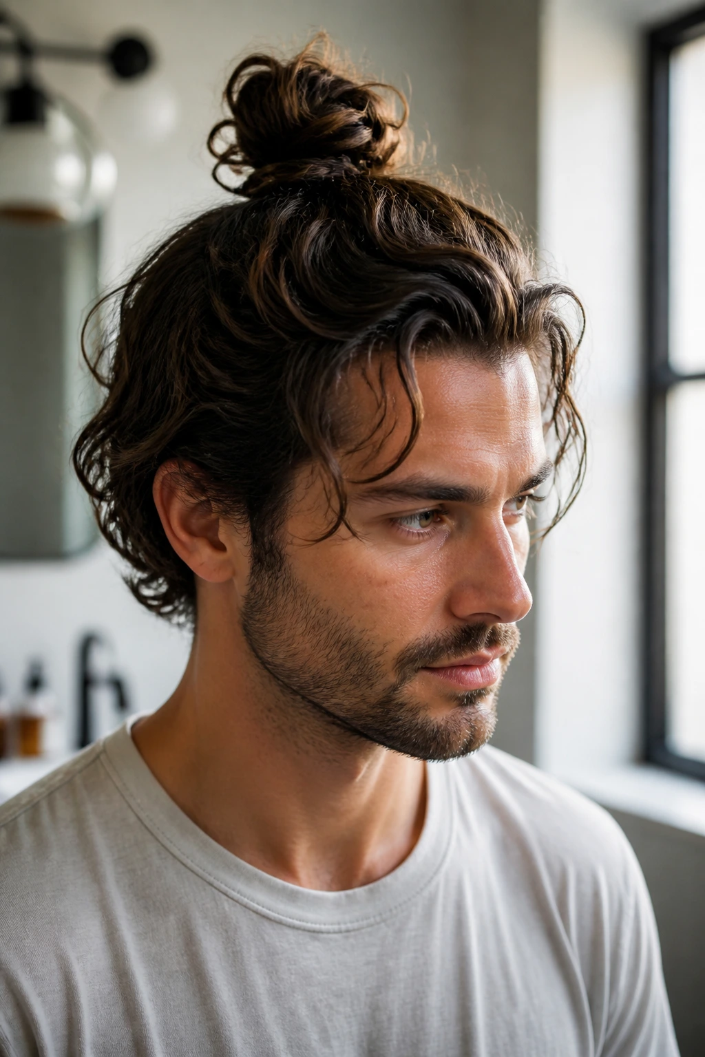 Portrait of a man with a high top knot and loose sides in natural bathroom light