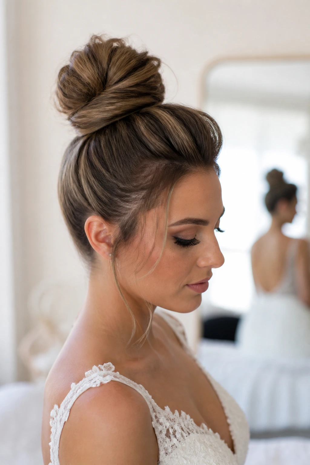 Close-up of a bride showing a textured top-knot with wrapped base