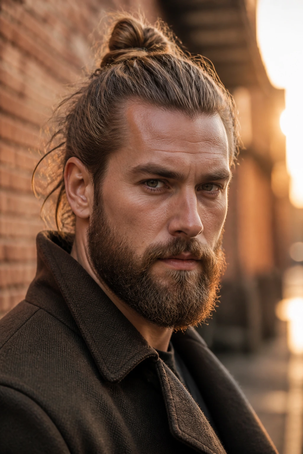 Close-up portrait of a man with a messy top knot and full beard in golden-hour urban light