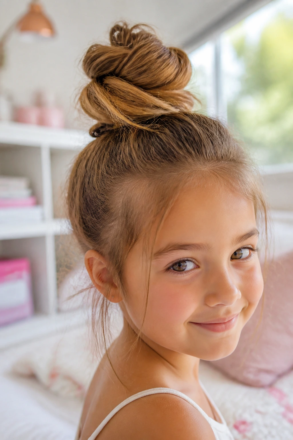 Portrait of a girl with a high topknot messy bun and soft loose strands