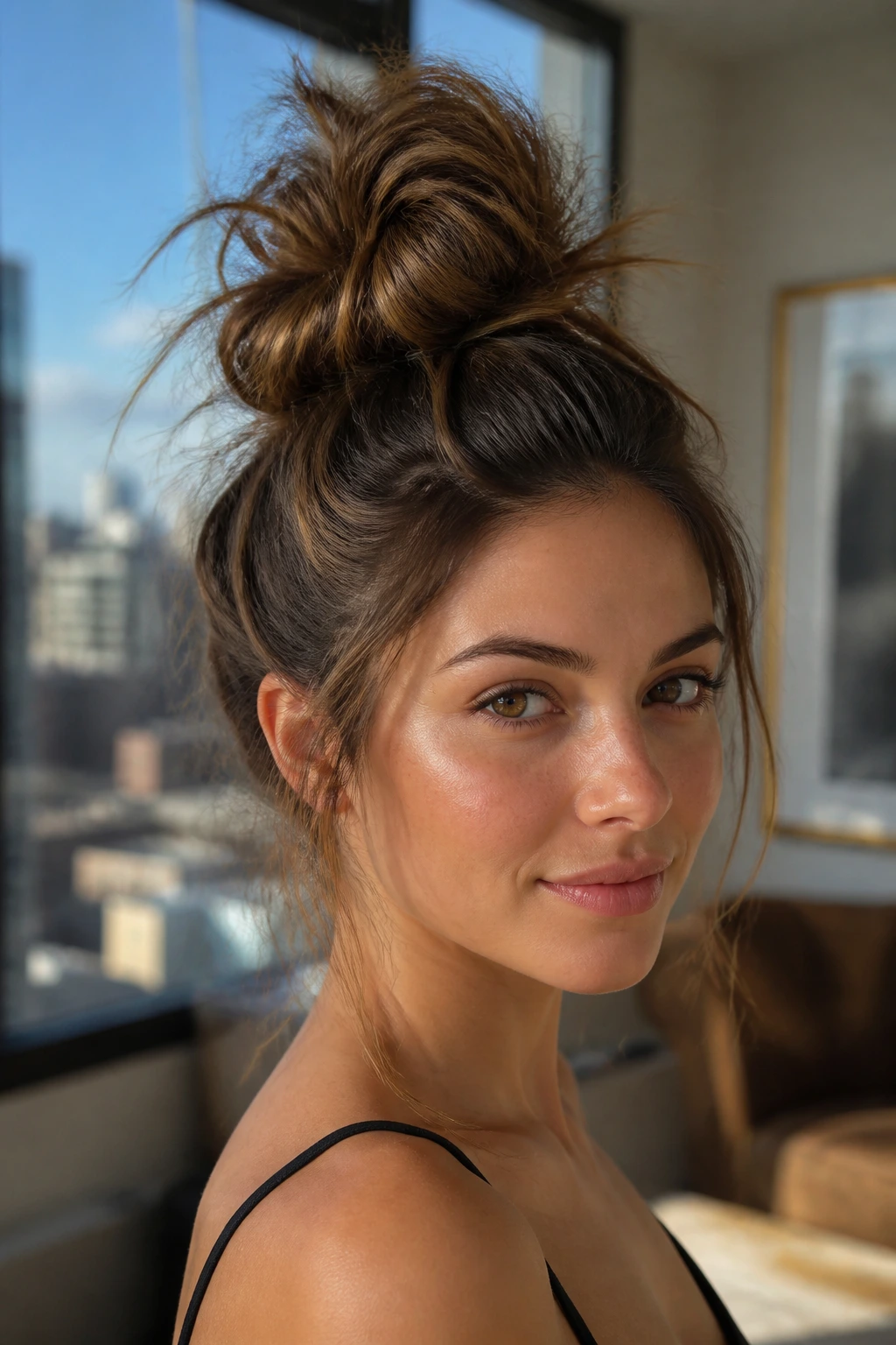 Close-up of a real woman with a high topknot and loose ends.