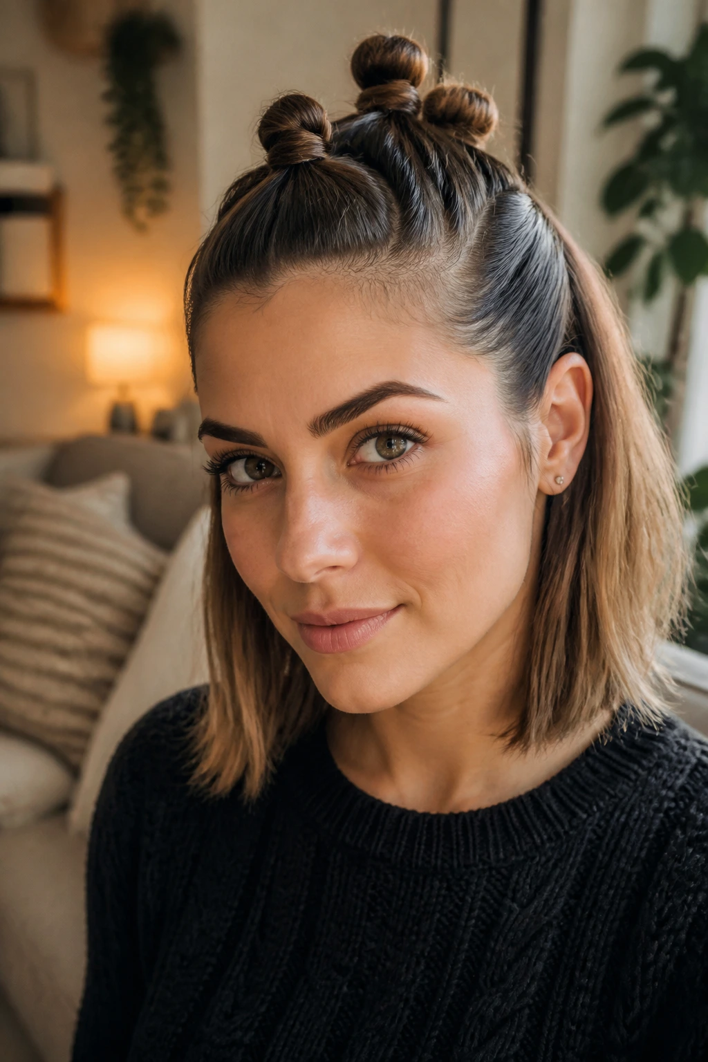 Close-up of a real woman with a half-up topknot hawk on shoulder-length hair