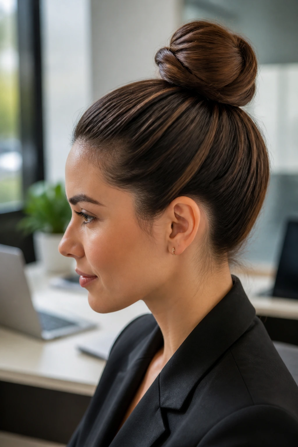 Close-up of a real woman with a hidden-base topknot in an office setting