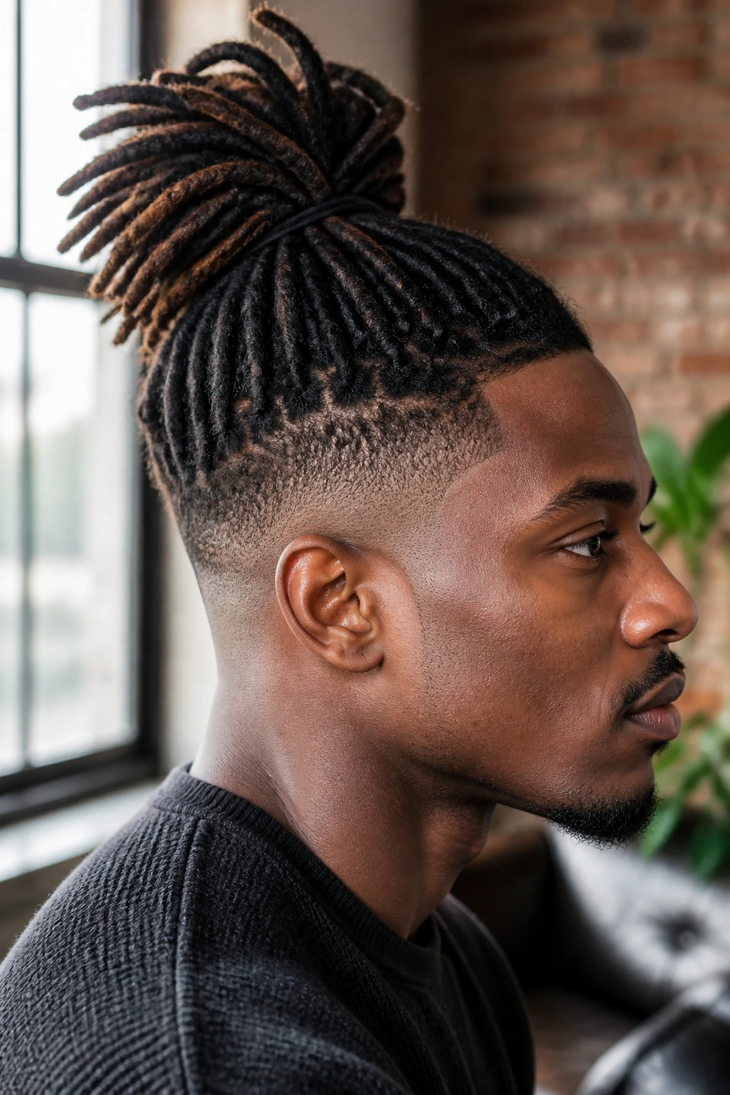 Close-up of topknot loc ponytail with tapered fade on a real person