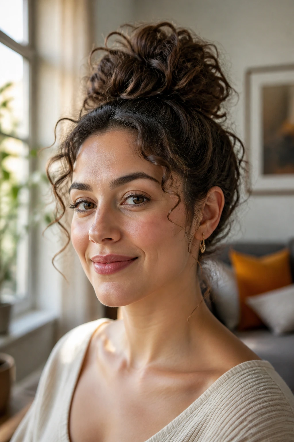 Front-three-quarter view of a real woman wearing a high topknot with loose tendrils.