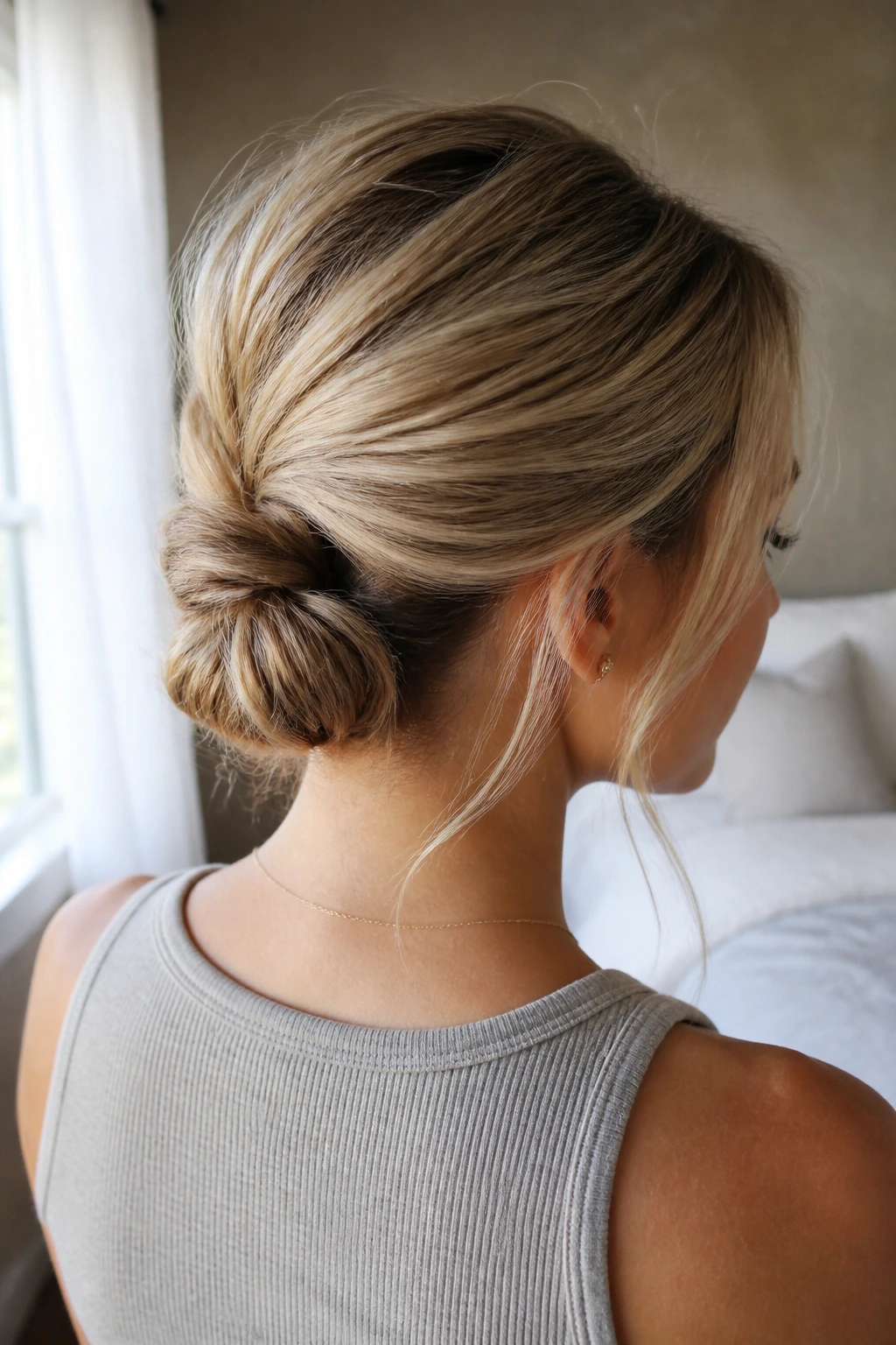 Close-up portrait of a real woman with a Topsy-Tail Bun, showing lift at the base and a neat low bun.