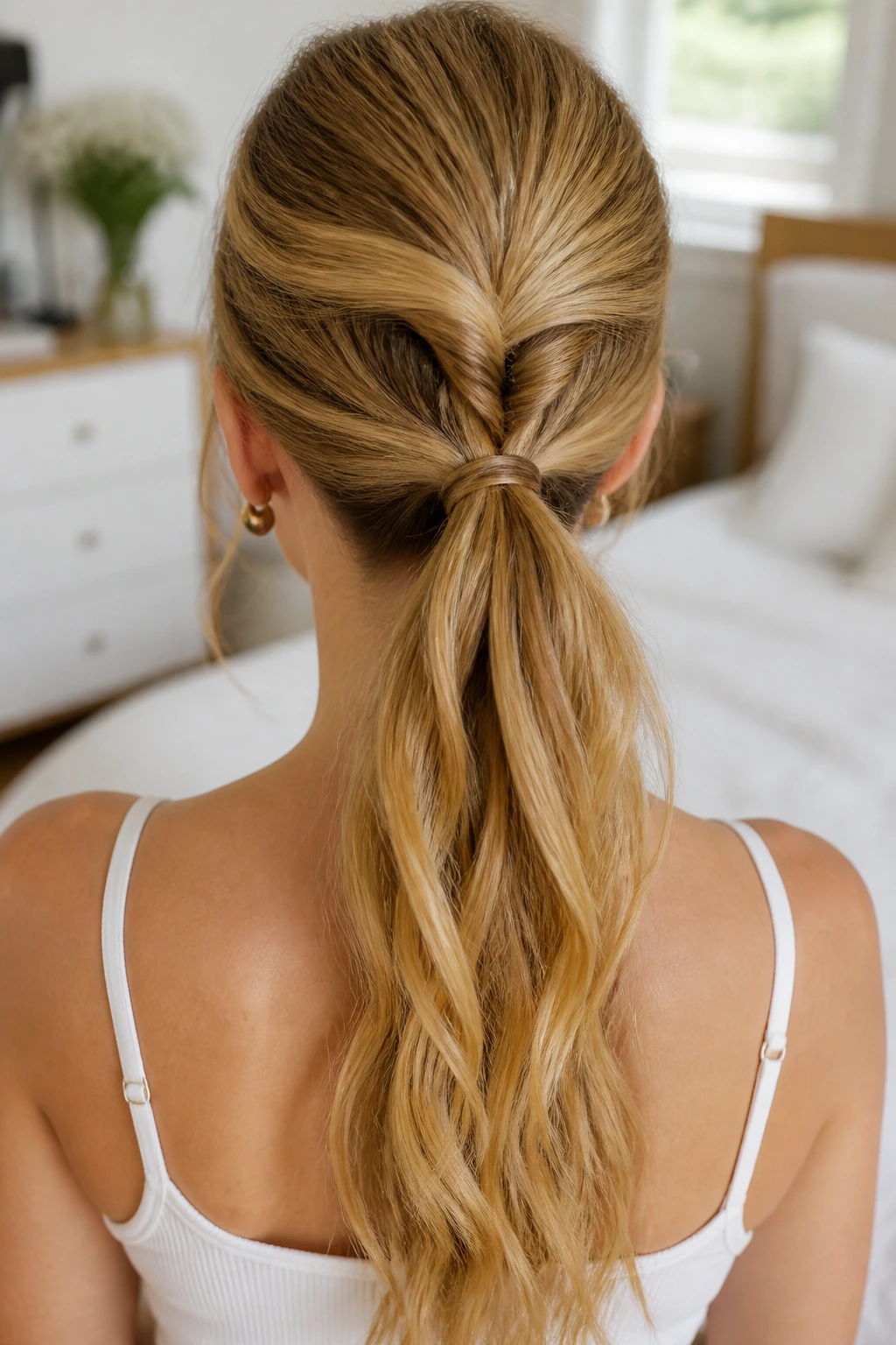 Back of head of real woman showing topsy-tail twist through elastic.
