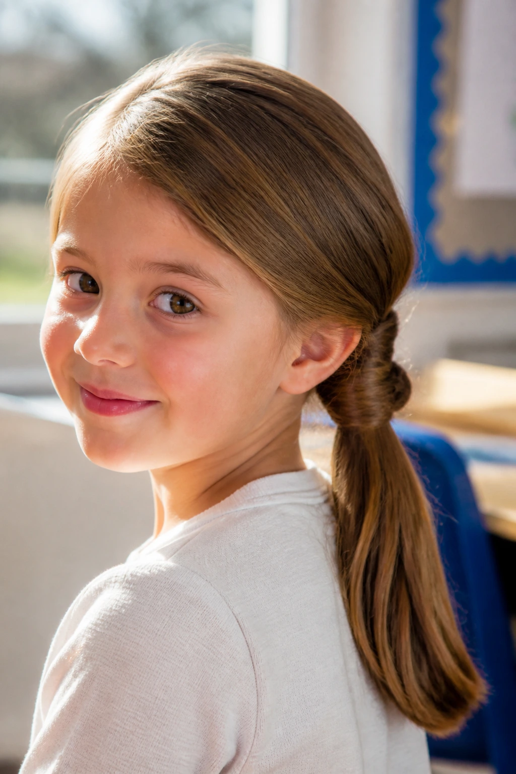 Close-up of a child with a topsy-tail ponytail in a sunlit classroom
