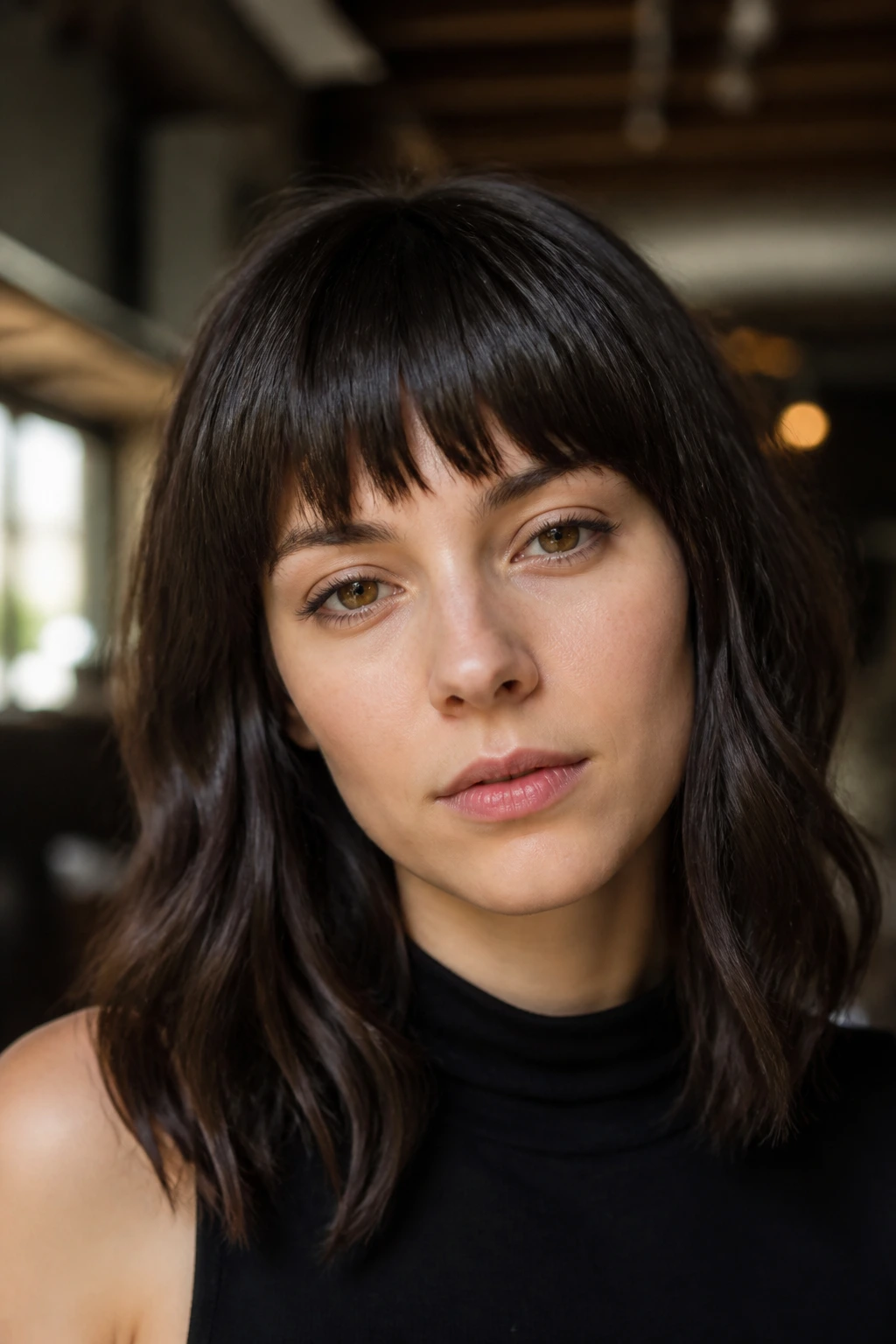 Portrait of a person with torn-edge straight fringe.